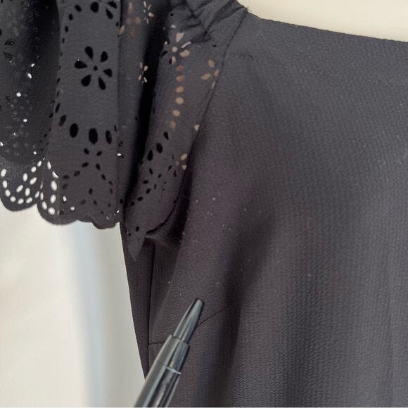 ELLE Black Eyelet Dress Short Sleeve Off Shoulder Cut Out Lace Detail LBD Size S - Picture 7 of 11